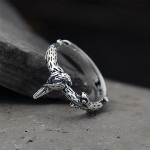 Retro bird branch opens sterling silver ring, female solid tree branch can open magpie rings, ethnic literature and art