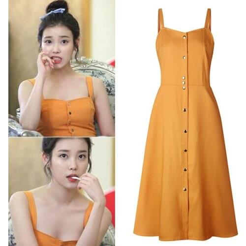 KPOP IU Lee Ji Eun Yellow Sexy Strapless Dresses Women Summer Plus Size Singles Breasted Sleeveless Elegant Camisole Long Dress