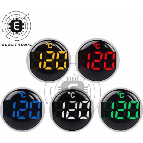 22MM Mini LED Digital Display Round Thermometer AC 50-380V Red Green LED Temperature measuring Instrument Meter Cable 1 Meter