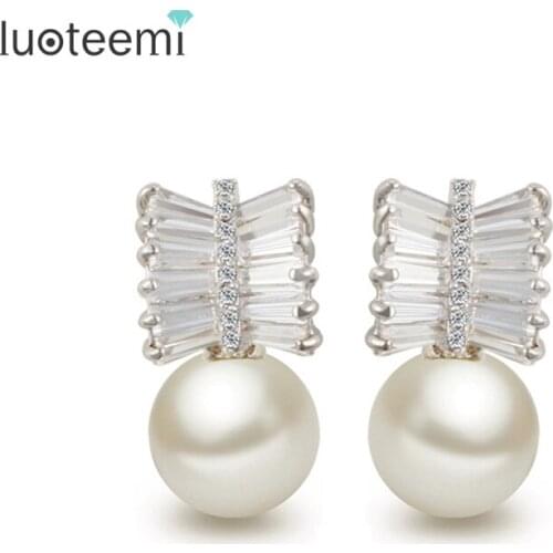 LUOTEEMI Fashion Luxury Clear Zircon Imitation Pearl Stud Earrings for Sexy Ladies Fine Jewelry High Quality Free
