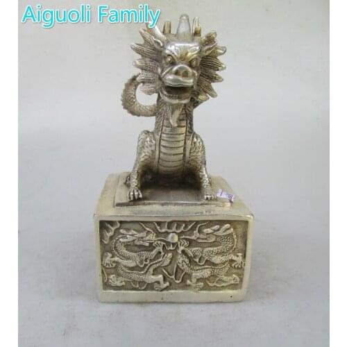 Metal Crafts Christmas Home decorations+Chinese Old Handwork Tibet Silver Carved Big Dragon Seal Statue/Stamp Sculpture