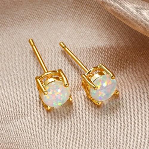 Cute Round Small Stone Earrings White Blue Green Fire Opal Stud Earrings For Women Wedding Jewelry Vintage Fashion Gold Earrings