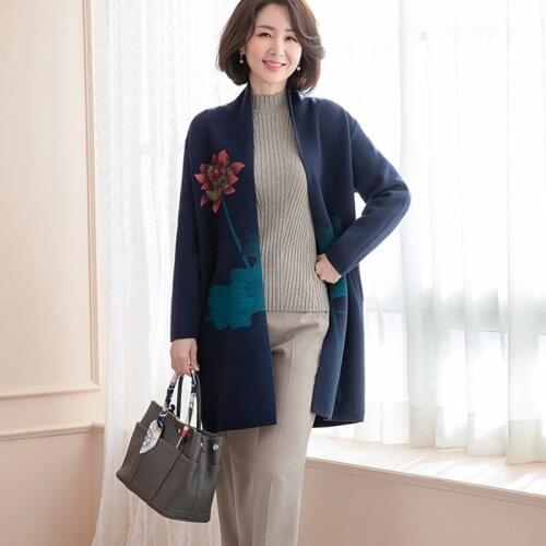 Fashion Chinese Style Clothing Women Elegant Knitted V-Neck Cardigans Sweater New Casual Midi Section Sweater Coats Women 12013