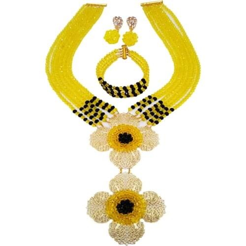 Fashion Yellow Black African Wedding Necklace Nigerian Beads Jewelry Set Beaded Crystal Bridal Party Jewelry Sets 6DHJZ017