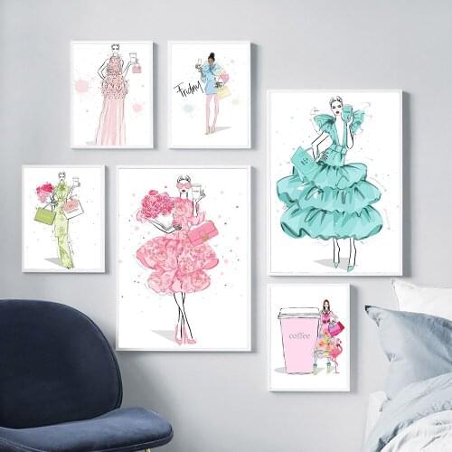 Fashion Woman Dress Canvas Painting Friday Girl Room Decoration Shopping and Coffee Poster and Print Wall Art Picture Modern