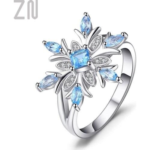 ZN Fashion Blue Zircon Flower Rings for Women Elegant Chic Snowflake Rings with Stone Christmas Jewelry Gifts For Women
