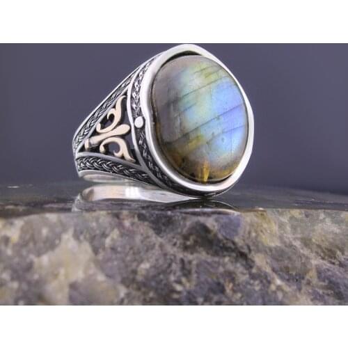 Solid 925 Sterling Silver Natural Oval Labradorite Stone Mens Ring