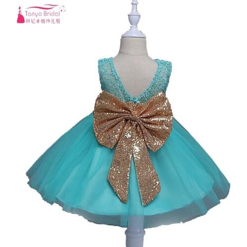 Mint Green/Pink/White Cute Little Girls communion-dresses Important Party Gowns Lace With Big Sequined Bow Flower Dresses ZF007