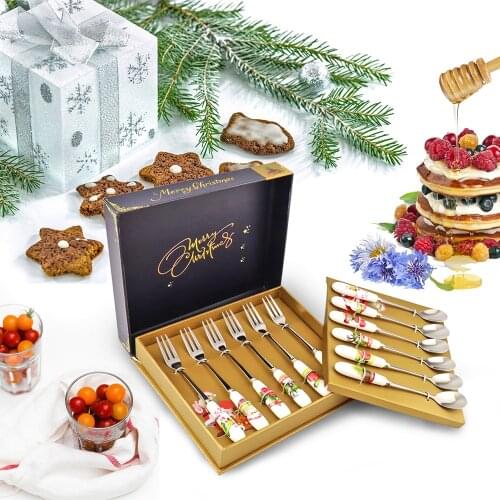 12PCS Dessert Set Ceramic Cutlery Set Fork Spoon Set Handle Stainless Steel Dessert Coffee Tea Cake Pastry Flatware Christmas