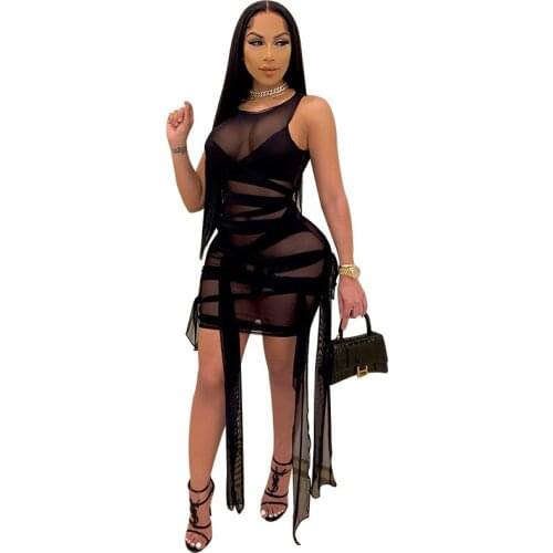 New Sleeveless Tight Straps High Stretch Dress Sexy Gauze Nightclub Dress Bandage Solid Color Tank Dresses