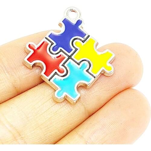 BULK 10pcs Lots Autism Gift Charms Enameled Puzzle Piece Autistic Awareness Zinc Alloy Square Pendant Jewelry Making