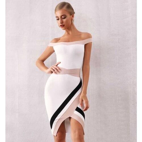 Wholesale 2020 Newest Women dress White color matching Slash neck Tight-fitting mini Celebrity Cocktail party bandage dress