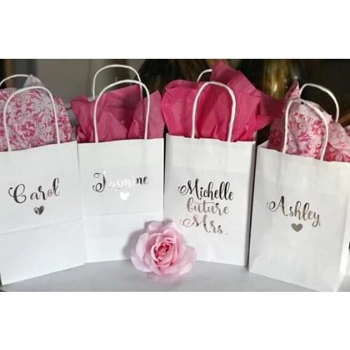 Personalized silver nam wedding bridesmaid maid of honor thank you gift bags Bachelorette clutches tote bags bridal shower favor