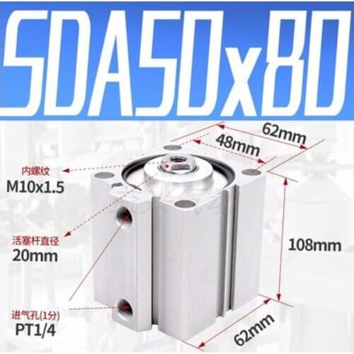 SDA50*80, 50mm Bore 80mm Stroke Compact Air Cylinders SDA50X80 Dual Action Air Pneumatic Cylinder