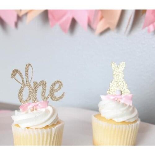 Custom any text name glitter bunny one cupcake toppers gold and pink bunny first birthday party treat dessert pick toppers