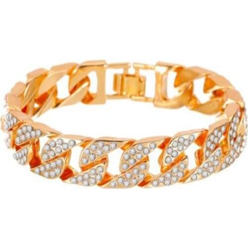 Hip Hop Bling Rhinestone Iced Out Chain Bracelet Gold Silver Color Cuban Link Chain Bracelet for Men Rapper Homme Street Jewelry