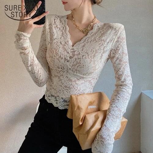 Summer V-neck Lace Blouse Women French Chic Sexy Short Transparent Floral Shirt Ladies New Slim Long Sleeve Bottoming Tops 13431