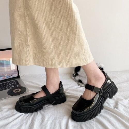 Thick Mid Heels Women Shoes Woman Mary Janes Slip on Thick Bottom Platform Round Toe Buckle Solid Leather Casual Shoes Plus Size