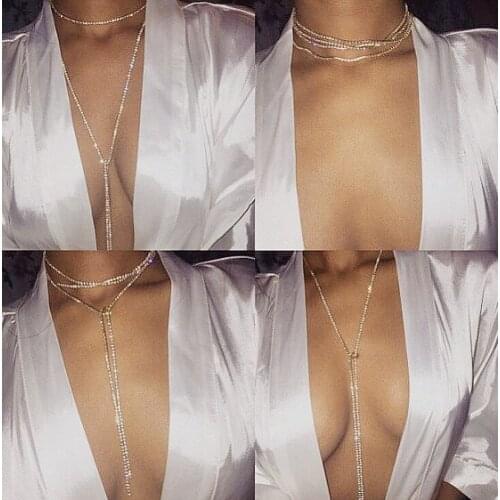 Fashion Shiny Crystal Long Tassel Necklace Rhinestone Clavicle Chain Choker for Women Statement Chunky Y Necklace Summer Jewelry