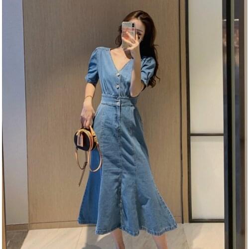 Summer New Retro V-neck Denim Mermaid Long Dress Short Puff sleeves Slim Elastic waist Single-breasted Cowboy Fishtail Dress