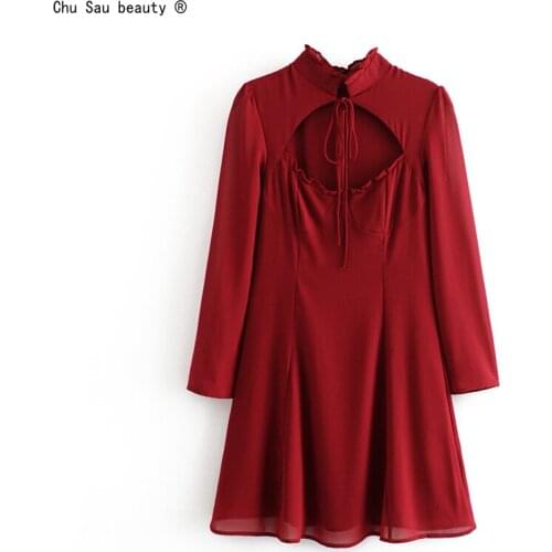 French Vintage Hollow Out Sexy Lace-Up Chiffon Spring Autumn Long-Sleeve Slim Fit High-Waist Dress Solid Color Women Fashion