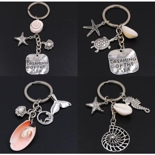 1pc Dreaming Of The Sea Keychains Starfish Conch With Shell Keyring Fish Tail Charms Turtle Pendant Ocean Jewelry