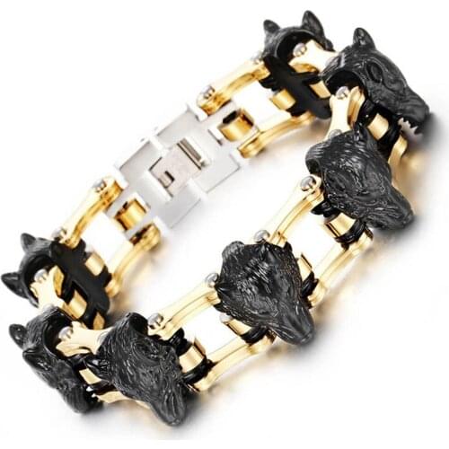 21mm High Quality Stainless Steel Gold Black Jewelry Motor Biker Chain Punk Wolf Head Wristband Mens Bracelet Bangle 8.26" New