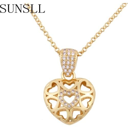 SUNSLL Fashion heart necklace white cubic zircon Hollow gold pendant necklace for women Bridal wedding party jewelry chain gifts