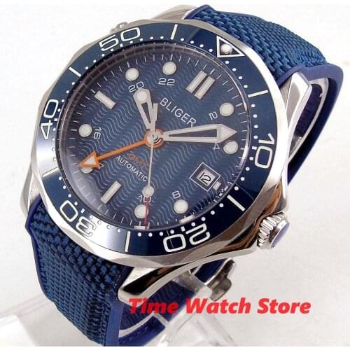 Bliger 41mm watch men mechanical waterproof blue black Dial Date Bright Border luminous sapphire canvas rubber Strap GMT B258