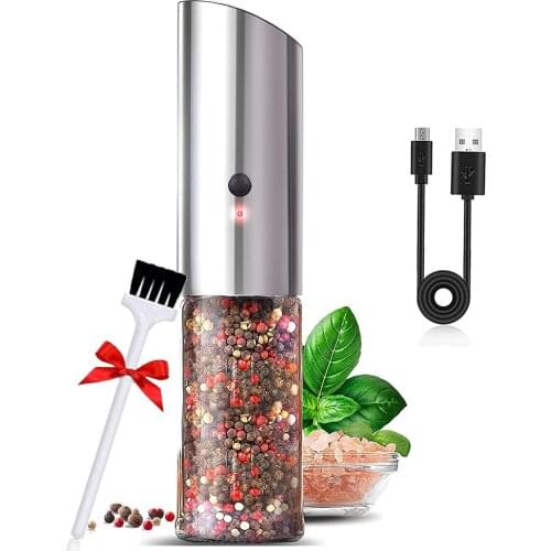 Electric Spice Mill USB Rechargeable Pepper Grinder Salt Shaker Adjustable Coarseness with LED Light Stainless Steel Pepper Mill