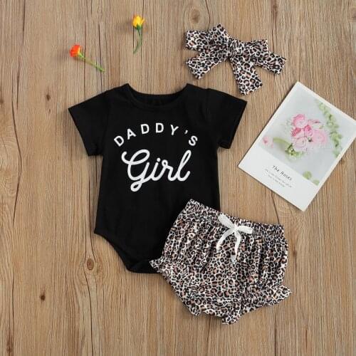 Newborn Baby Girls 3-piece Outfit Set Letter Print Daddys Girls Short Sleeve Cotton Romper+Leopard Shorts+Headband Toddler Set