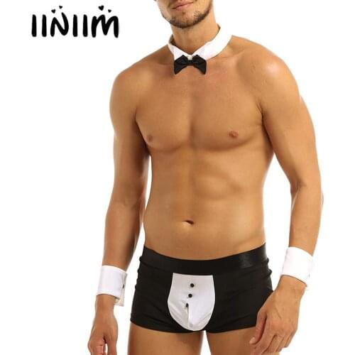 Gay Mens Waiter Tuxedo Lingerie Suit Exotic Costumes Boxer Briefs Underwear with Bow Tie Collar Bracelets for Sex Party Clubwear