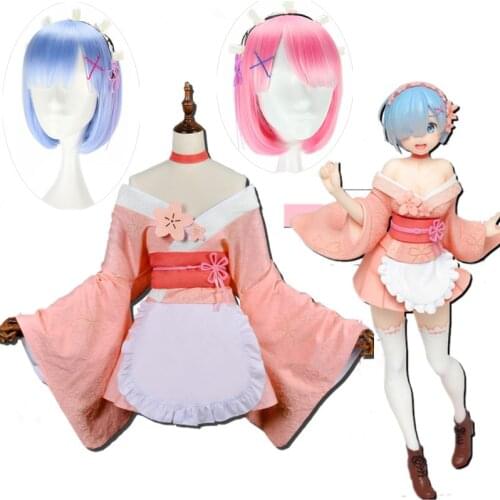 Anime Re Zero Kara Hajimeru Isekai Seikatsu Remu Sakura Maid Dress Uniform Outfit pink wig blue wig Anime Cosplay Costumes