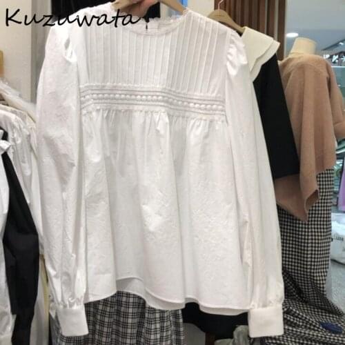 Kuzuwata 2021 New O Neck Pleated Design Shirts Sweet Elegant Solid Casual Women Blouse Chic Puff Long Sleeve Loose Blusas