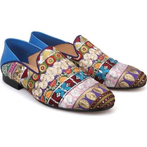 Shooegle Handmade Mixed Colors Embroidered Party Wedding Shoes Male Flats Zapatillas Hombre Casual Patchwork Glitter Loafers Men
