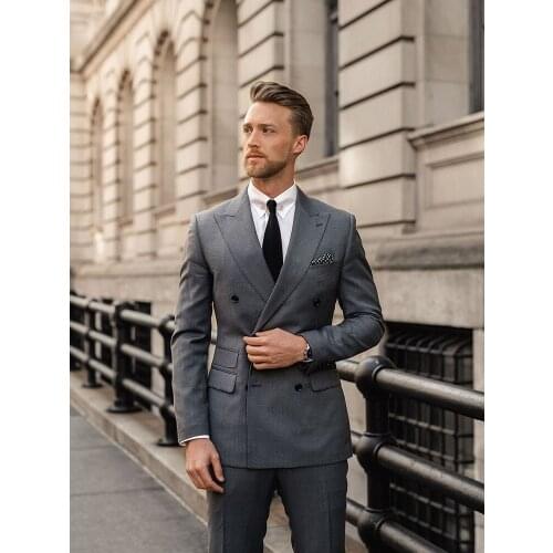 ANNIEBRITNEY Double Breasted Men Business Suit With Pants Slim Fit 2 Piece Tailor Made Peaked Lapel Groom Wedding Tuxedo