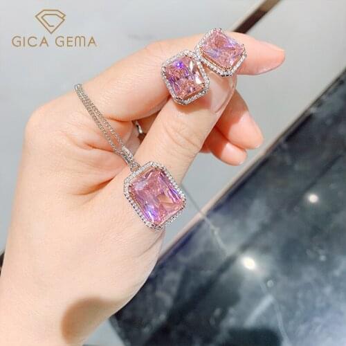 GICA GEMA Women Real 925 Sterling Silver Jewelry Set Pendant Rings Earrings Rectangle Created Pink Diamond Jewelry Female Gifts