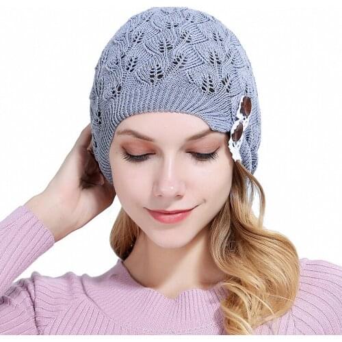 New Style Knitted Hat Leaves Lace Button Warm Wool Womens Set of Head Cap Beret