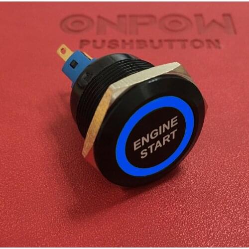 ONPOW 22mm 1NO1NC black latching ring illuminated pushbutton switch with ENGINE START symbol GQ22-11ZE/B/12V/A-ES