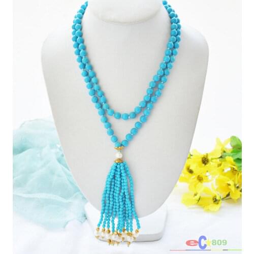 Wholesale 40" 8mm blue Natural jade bead white round pearl necklace