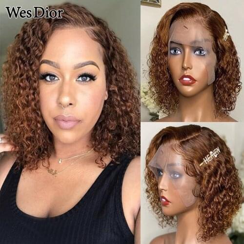 Ombre Curly Short Bob Wig Brazilian Brown 13x1 Lace Part Human Hair Wigs For Black Women #4 Curly Part Lace Wig Density 180 Remy