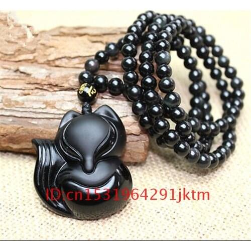Fashion Pendant Amulet Charm Gifts Beads Necklace Jewelry for Jade Chinese Obsidian Natural Women Black Fox