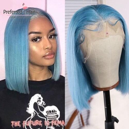 Preferred Light Blue 4x4 Closure Wig Brazilian Remy Glueless Highlight Purple Lace Front Wig Human Hair Short Bob Wigs For Women