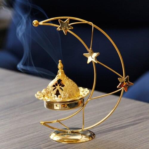 Luxury Golden Star and Moon Shape Cone Incense Burner Candle Holder Censer