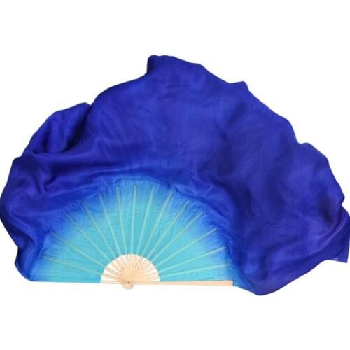 Blue Gradient Two Layers Real Silk Veil Half Circle Bamboo Folding Fan PairFor Dance Stage Show Props Customized Size Color
