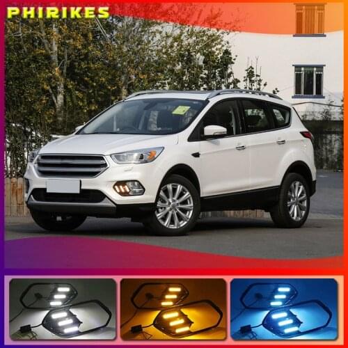2PCS LED Daytime Running Light For Ford Escape Kuga 2016 2017 2018 Turn Yellow Signal Function 12V Car DRL Lamp