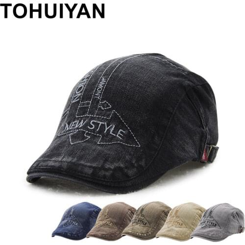 TOHUIYAN Mens Cotton Newsboy Cap Letters Embroidery Flat Cabbie Cap British Gentleman Duckbill Hats Boina Gorras Planas For Male
