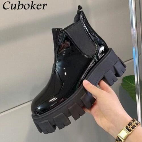 2021 Autumn Winter Thick Platform Women Chelsea Boots Brand Designer Round Toe Patent Leather Runway Short Ankle Boots Women