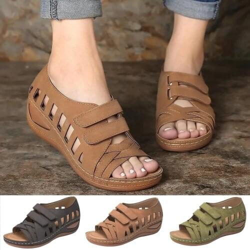 2021 Womens Sandals Platform Wedge Heels Womens Solid Open Toe Hook Cut Out Roman Retro Casual Beach Size 35-43 Ladies Sandals