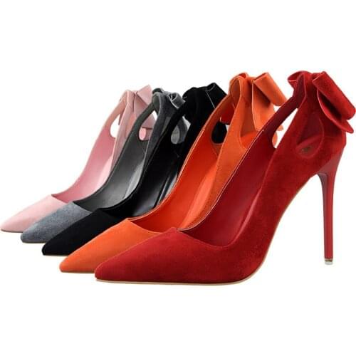Womens high-heeled with thin heels show thin heels .high heels with suede, shallow mouth.pointed hollow bow knot single shoes